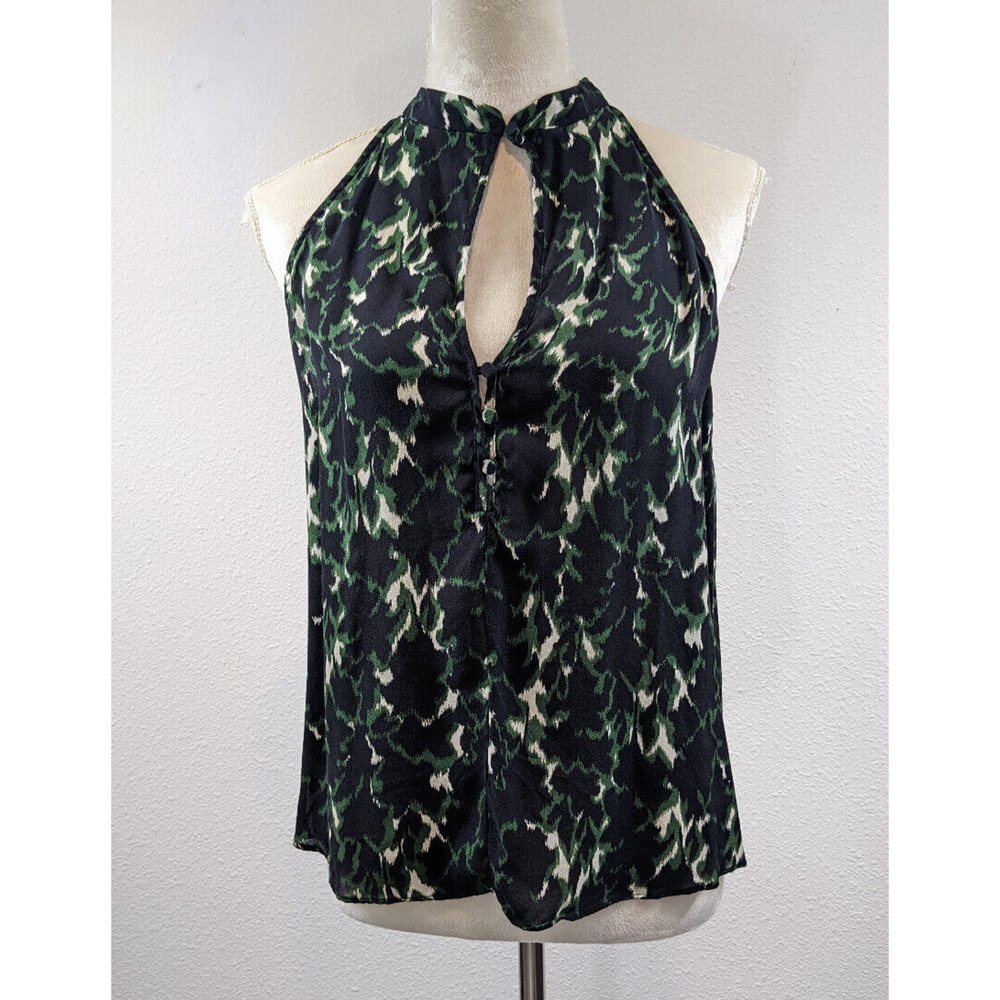 ALC A.L.C. Sleeveless Top Black Green Cream Abstract Print 8 Keyhole Silk Blouse